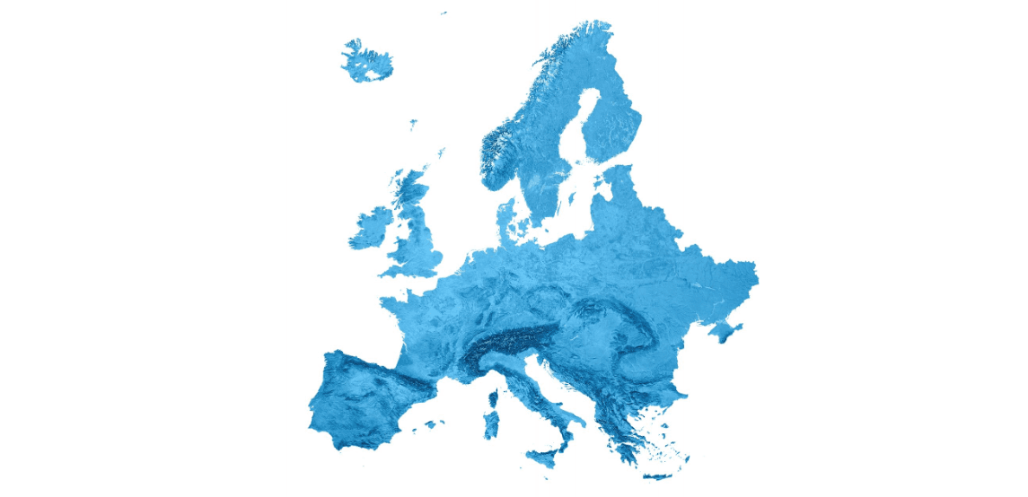Blue watercolor-style map of Europe on a white background.