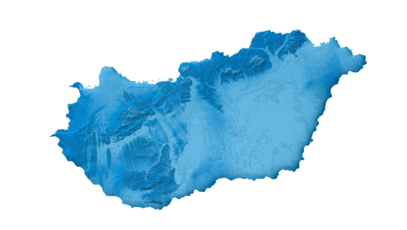 Blue shaded 3D topographic map of an elongated landmass, with rugged western mountains and lighter eastern plains, on a white background.