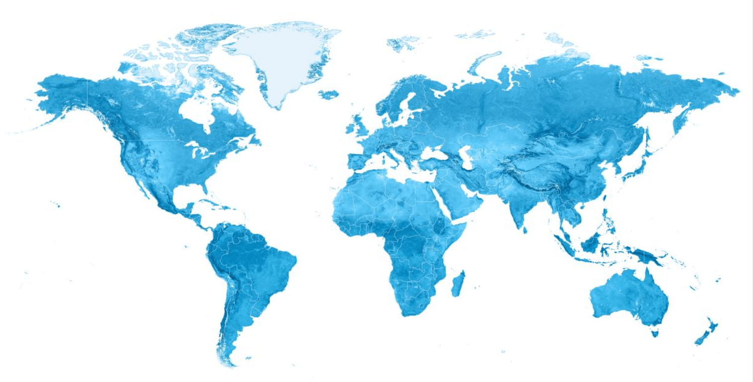 Blue world map with landmasses shaded in various blue tones on a white background.