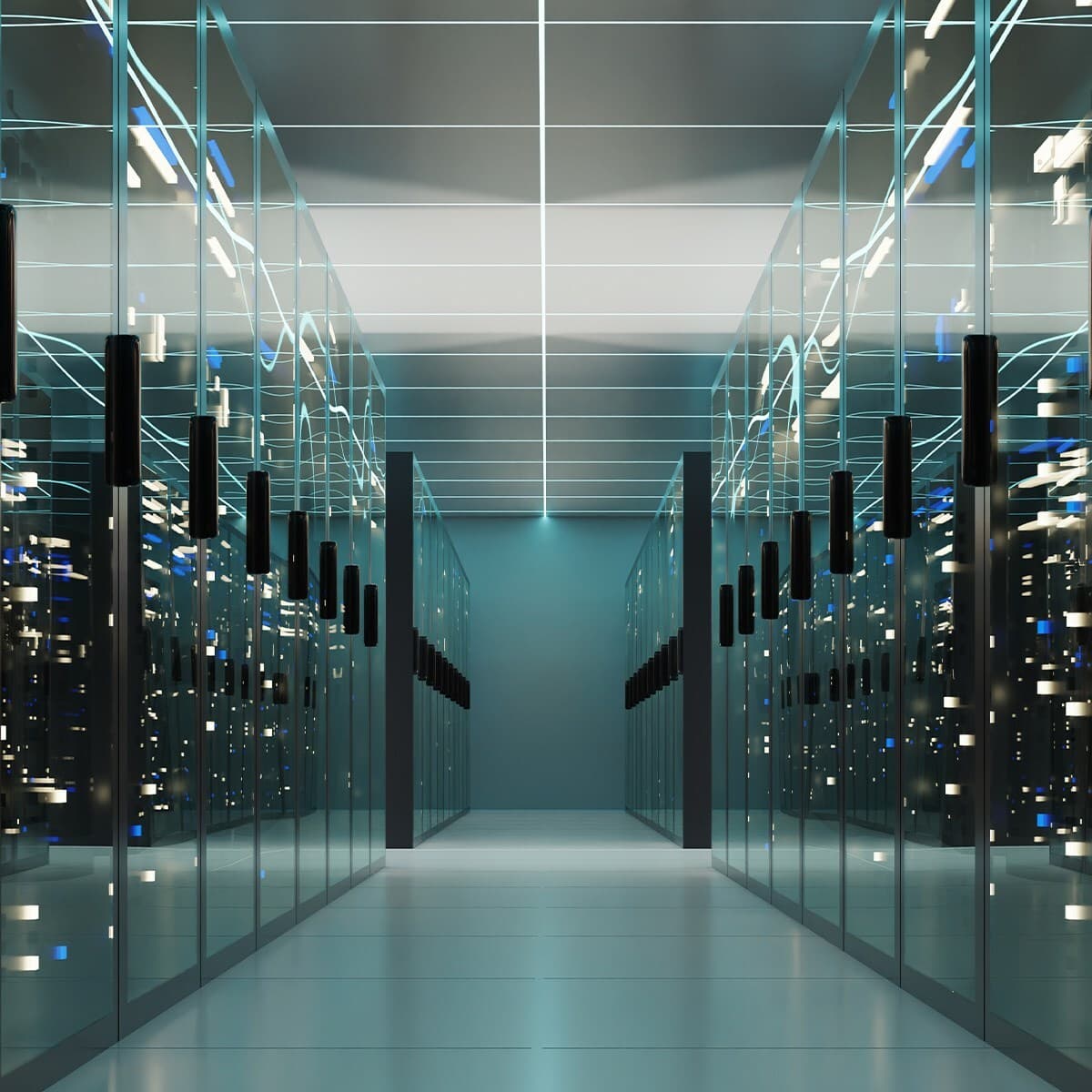Symmetrical data center corridor with glass-front server racks on both sides, cool blue lighting, and reflections creating a tunnel-like effect.