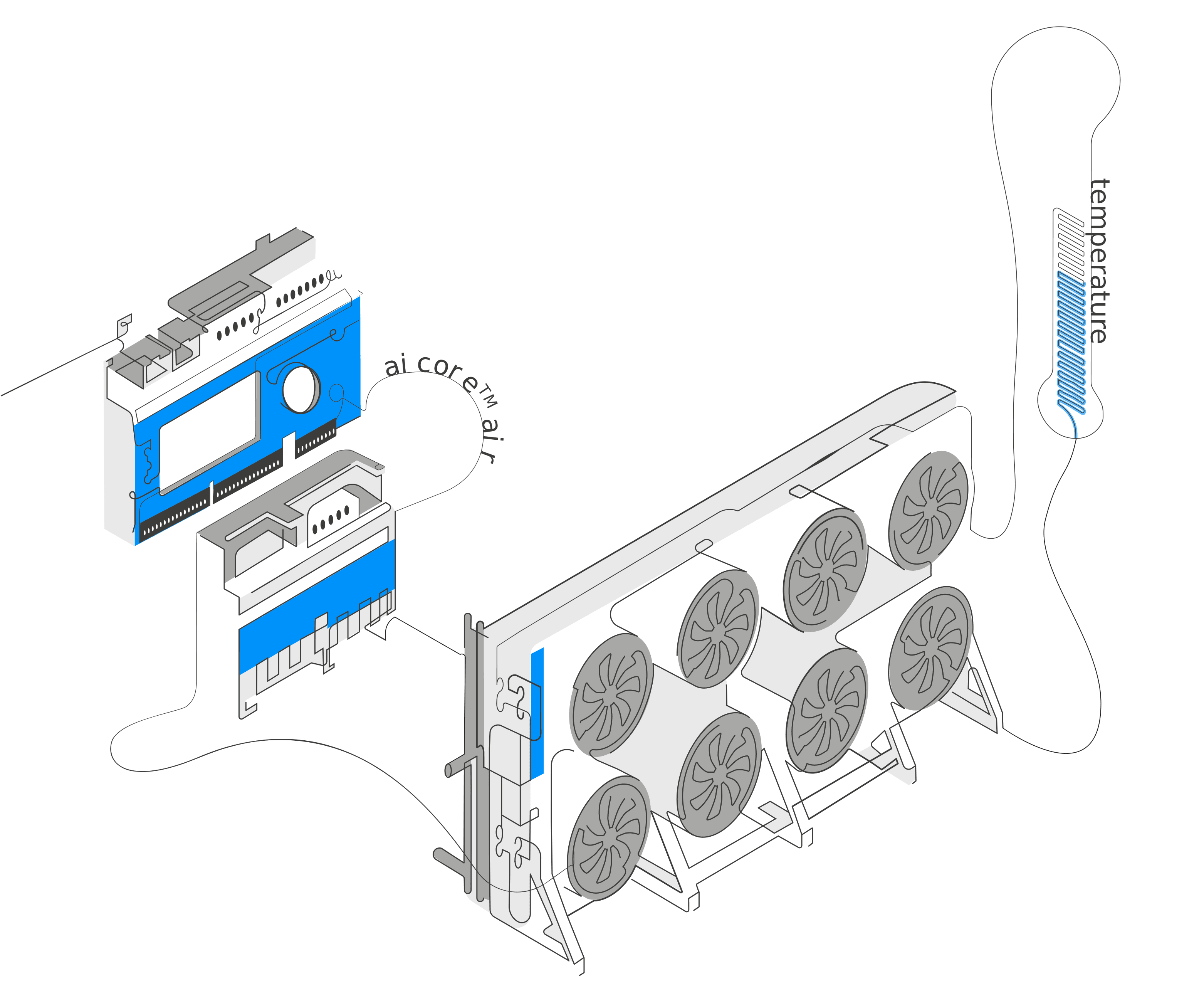 Exploded illustration of a GPU/AI accelerator with blue circuit boards, a multi‑fan cooling assembly, and a vertical temperature gauge along the side.