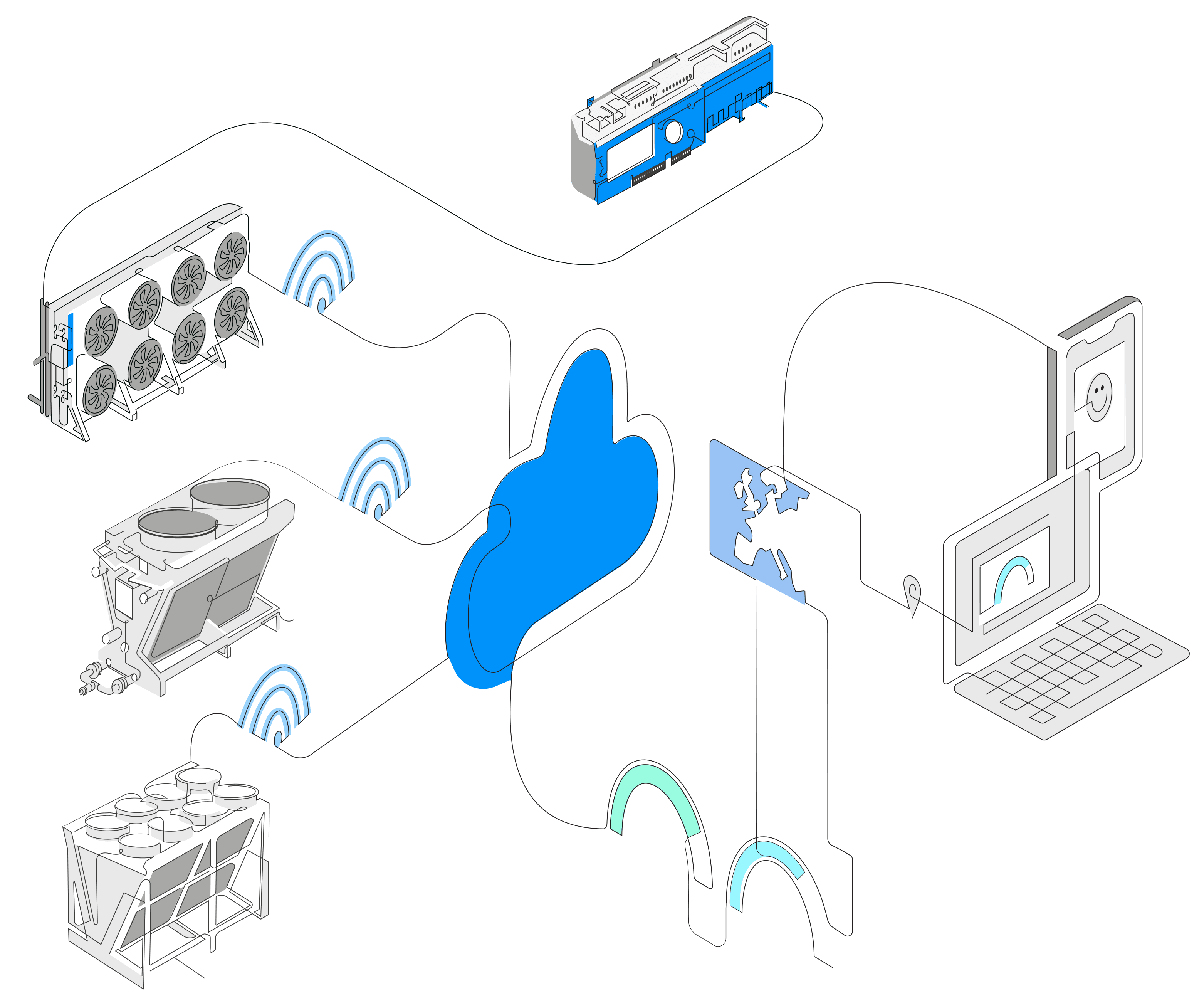 Isometric illustration of cloud computing and data centers: GPU mining rig left, server module top, map and laptop right, with a central blue cloud icon.