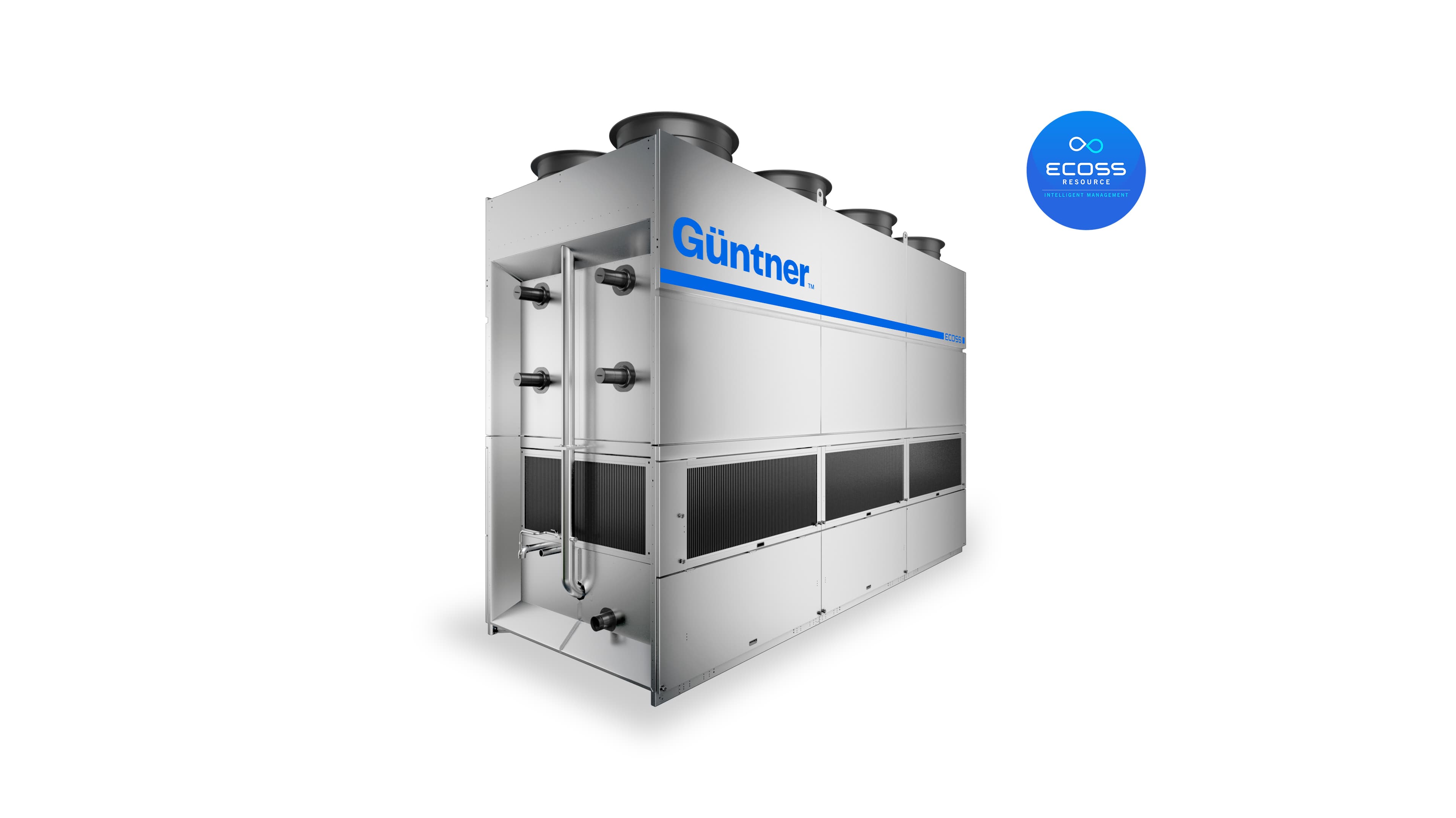Günther industrial chiller with blue logo and stripe, large top fans and side vents; circular Ecoss Resource badge on the right.