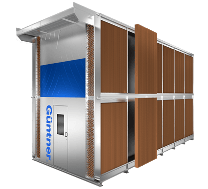 Isometric view of a modular data center container with a metal frame, brown exterior panels, a front door, and a blue accent panel.