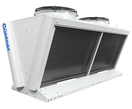 Industrial dual‑fan air‑cooled condenser with white housing and large finned heat exchangers, shown at an angled side view.