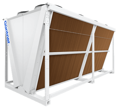 White metal-framed industrial heat exchanger with brown fins inside a rectangular frame and blue Guntner branding on the side.