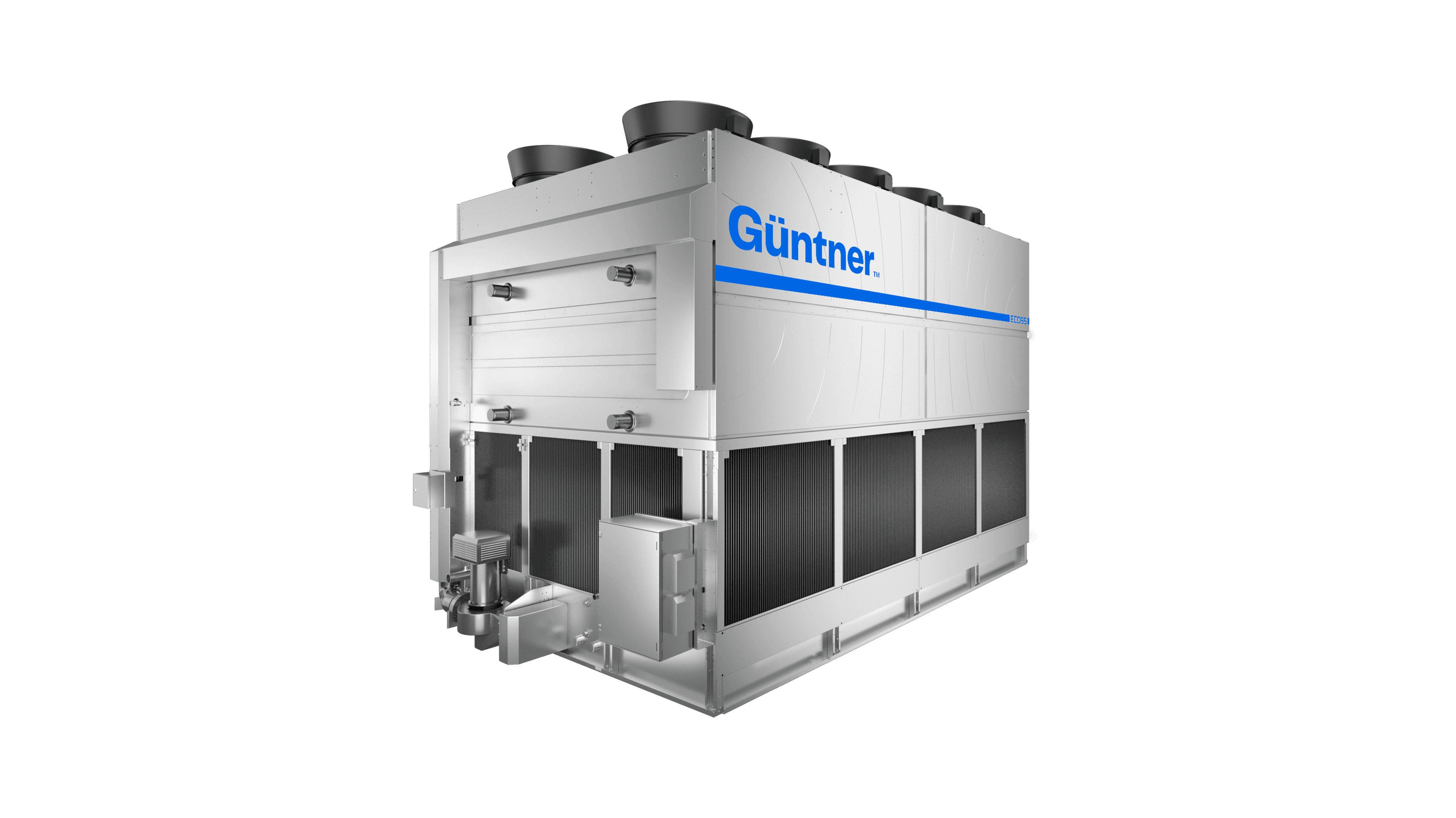 Large silver industrial chiller with blue Günther logo and stripe, top-mounted fans, and vented side panels against a black background.