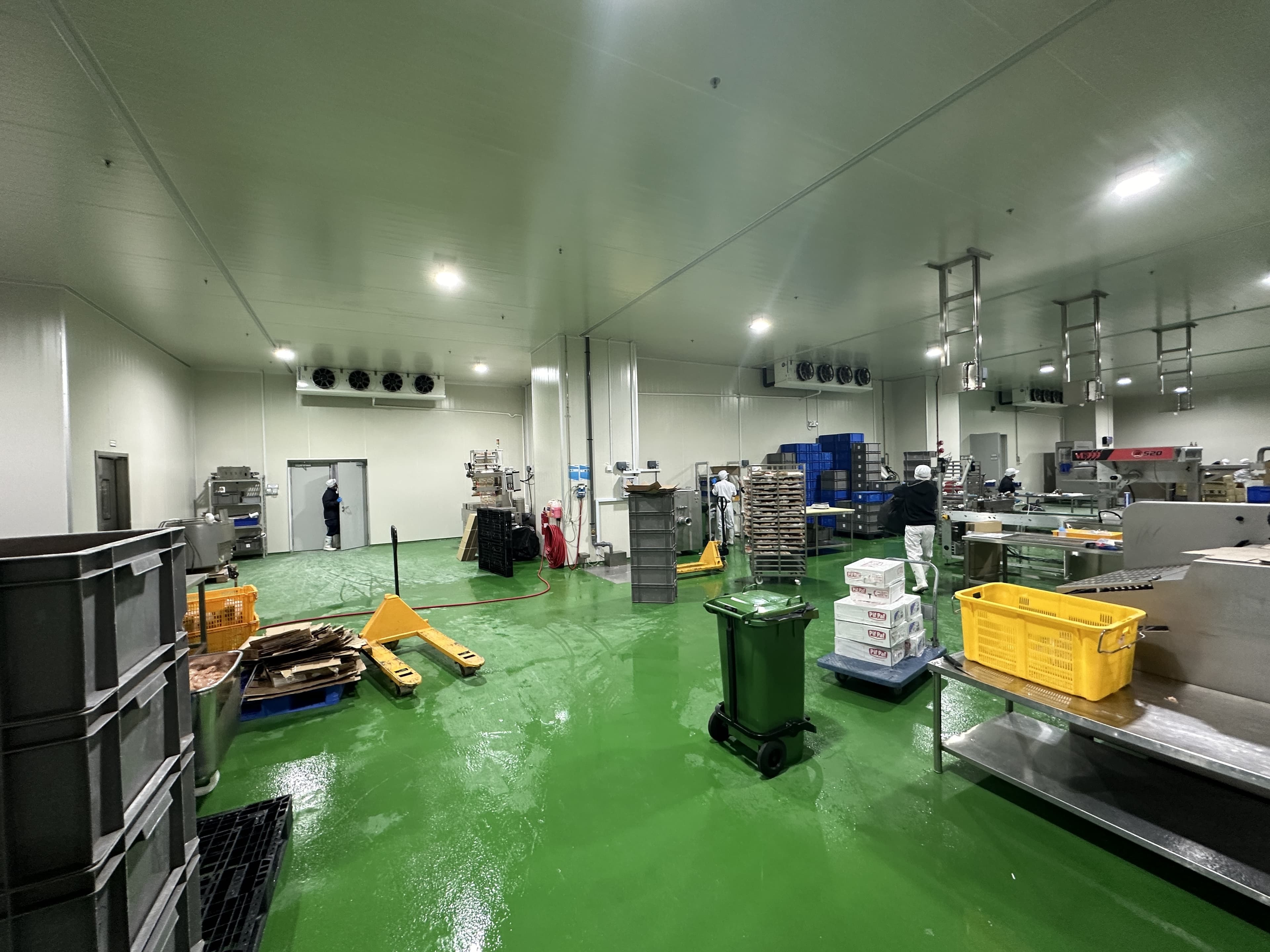 Planta de procesamiento: piso verde, maquinaria de acero, estanterías y cajas azules; varias personas con equipo de protección trabajan.