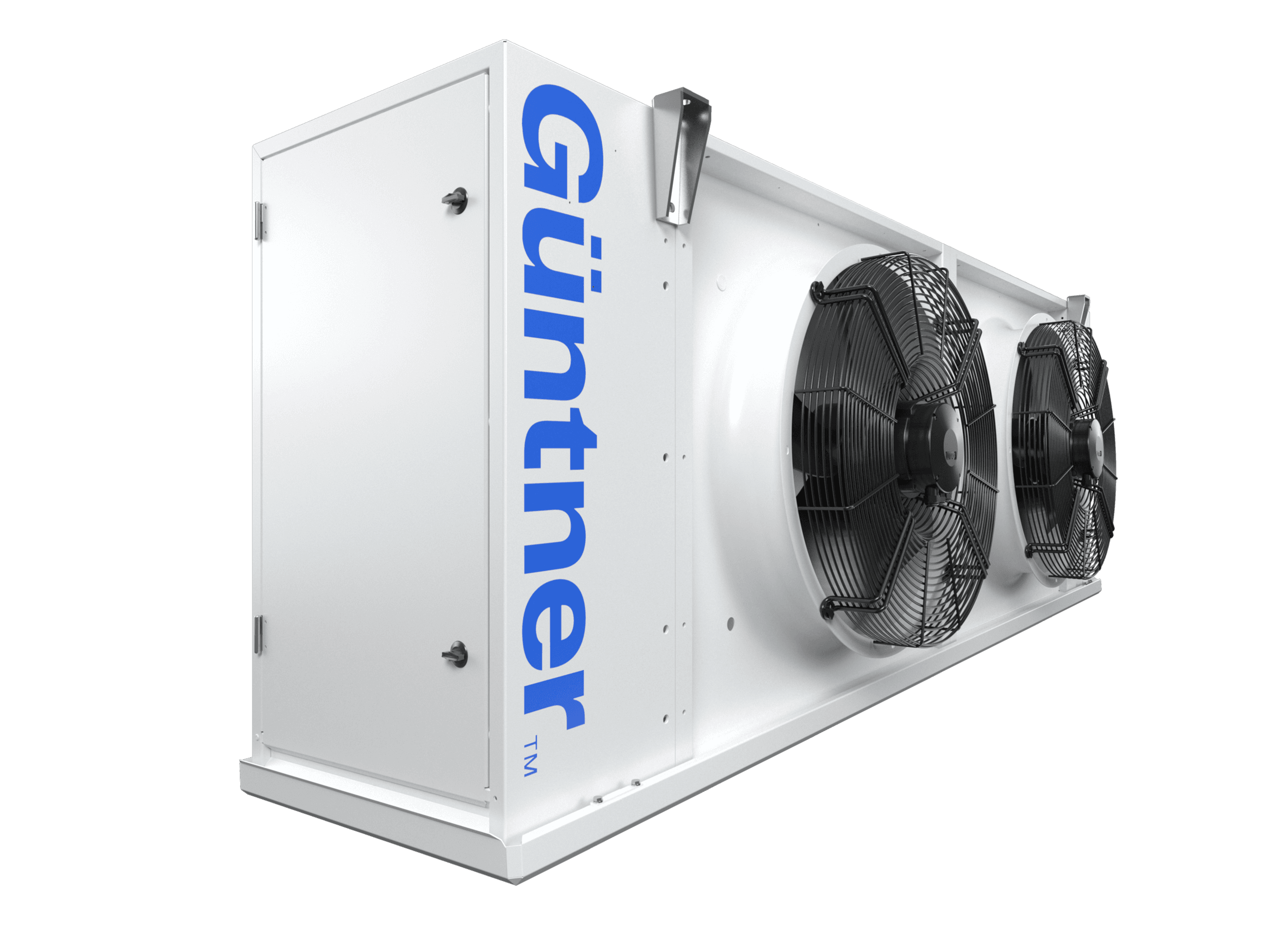 Unidad de enfriamiento industrial blanca con dos ventiladores grandes y rejillas negras, con el logo azul vertical Guntner en el costado.