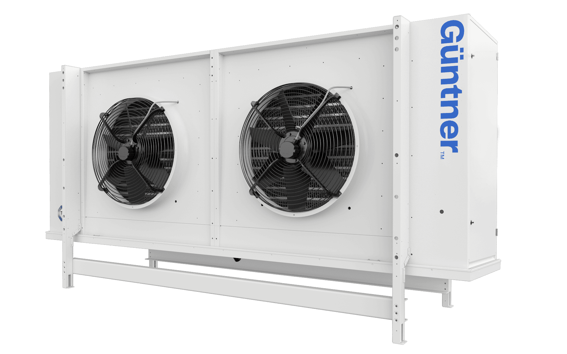 Unidad de enfriamiento industrial blanca con dos grandes ventiladores y estructura metálica; logo azul Guntner en el costado derecho.