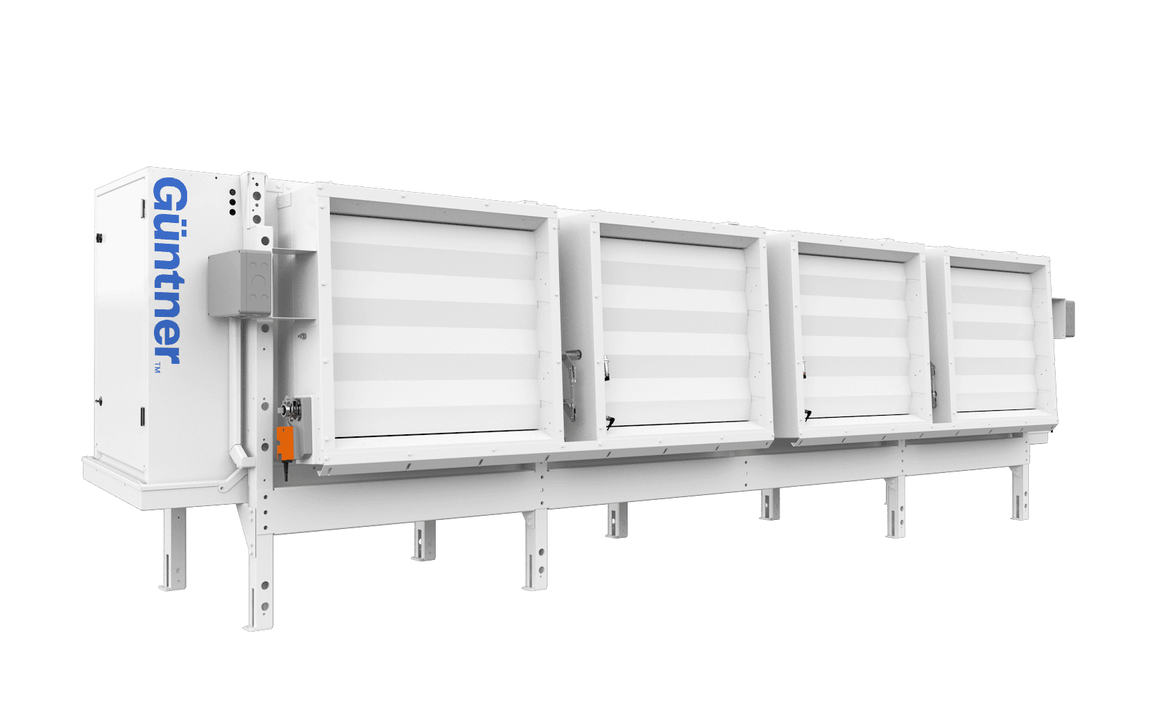 Gran unidad industrial blanca con puertas tipo compuerta y estructura de soporte; marca azul "Güntner" visible en el costado izquierdo.