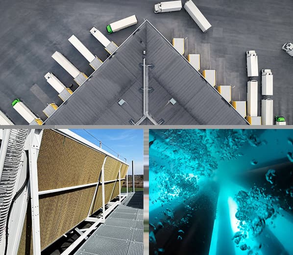 Three-panel collage: aerial view of a warehouse with loading docks and trucks; solar panels on a platform; and an underwater blue-lit scene with bubbles.