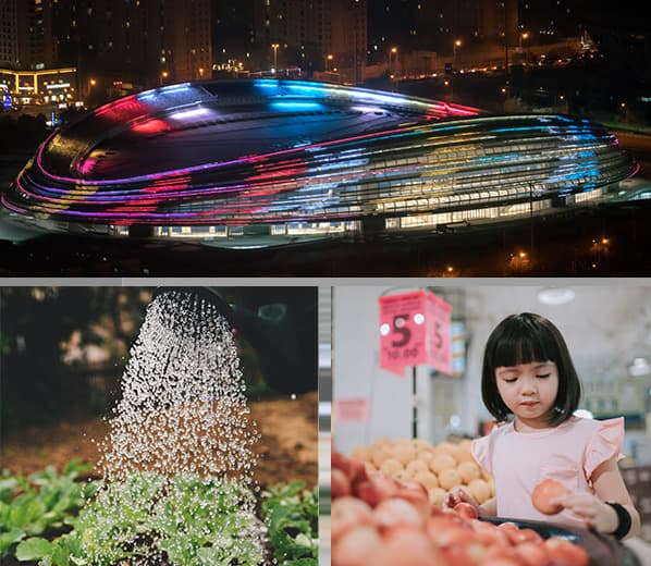 Three-photo collage: a brightly lit circular stadium at night, a water fountain spraying droplets, and a child with short hair selecting fruit at a market.