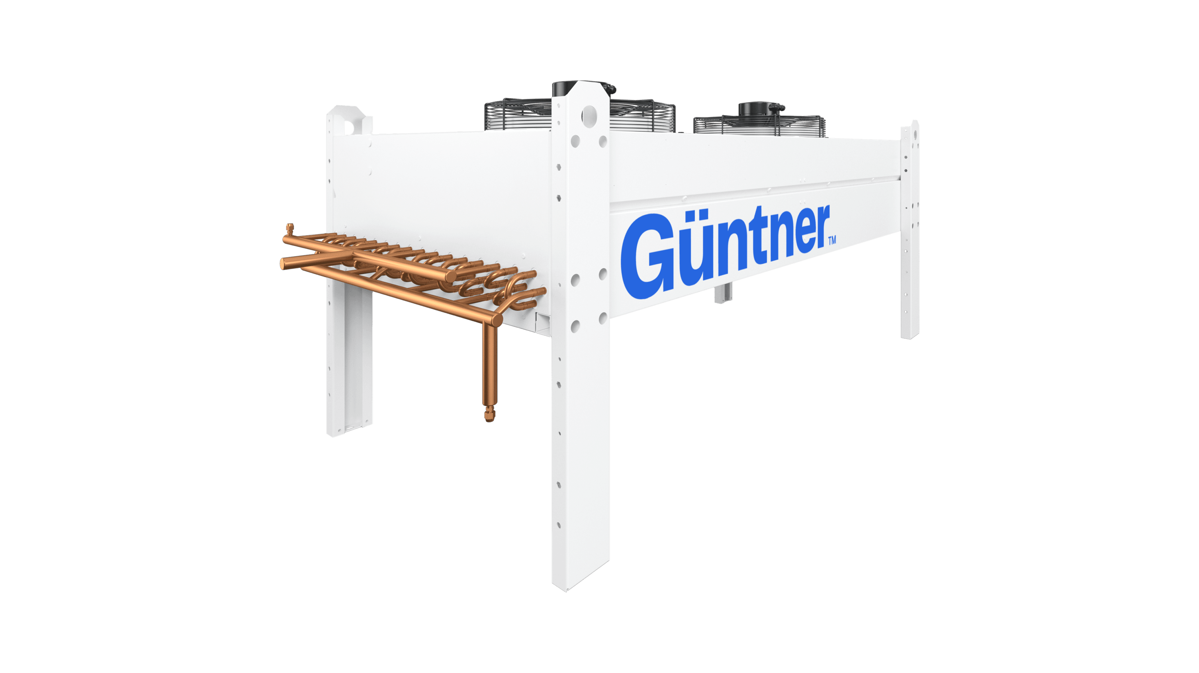 White industrial cooling unit on a supporting frame with a blue Günntner logo, copper tubing extending from the left and fans visible on top.