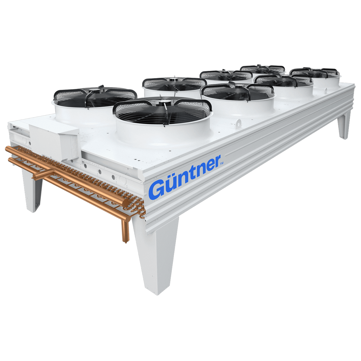 Unidad de enfriamiento industrial blanca con varios ventiladores circulares en la cubierta, tuberías de cobre a un lado y el logo azul Günther.