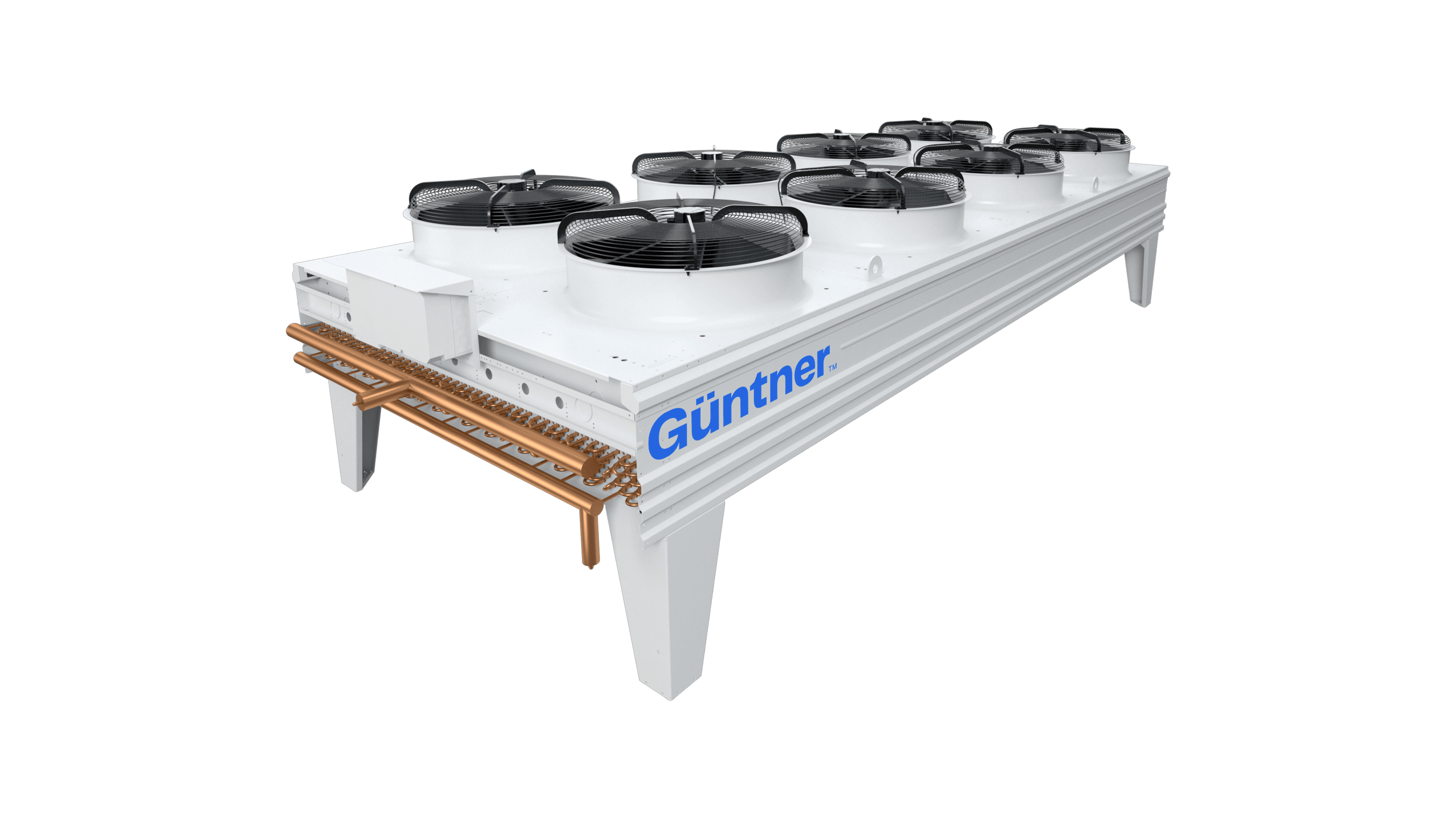 White industrial cooling unit with multiple top-mounted fans, copper refrigerant pipes below, and a blue Günntner logo on the side, on sturdy white legs.