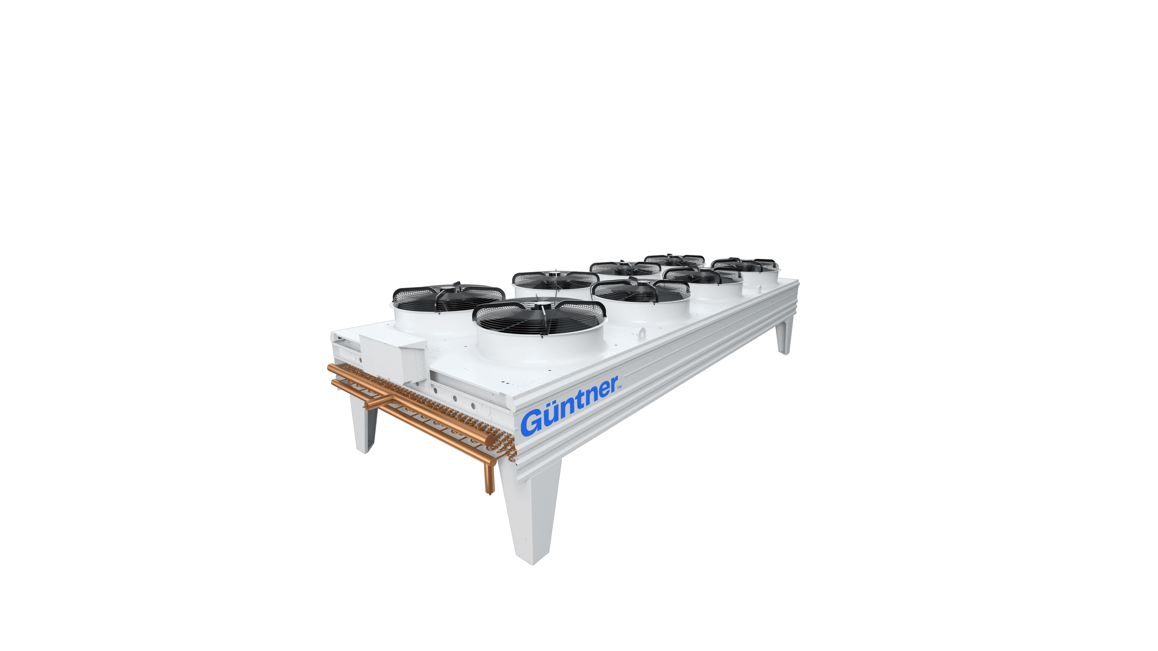 White industrial cooling unit with multiple top-mounted fans on a metal frame, copper piping at the front and a blue Guntner logo.