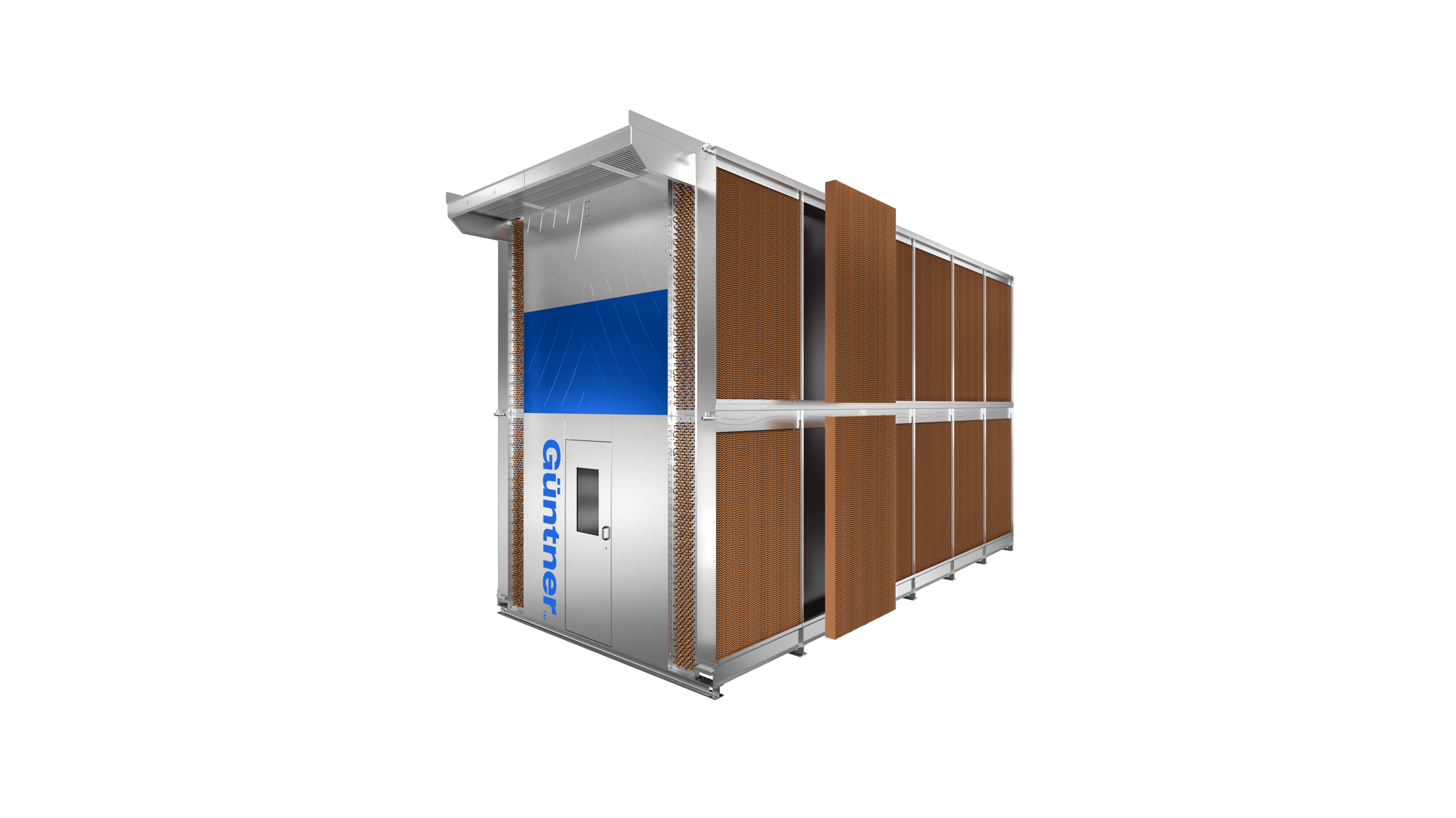 Industrial modular chiller unit with copper coil fins along the frame, a blue front panel, and brown panel fins, set against a black background.