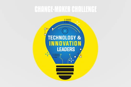 Logo rond jaune avec une ampoule bleue au centre affichant « Technology & Innovation Leaders », motifs électroniques autour; texte « Change-Maker Challenge » en haut.