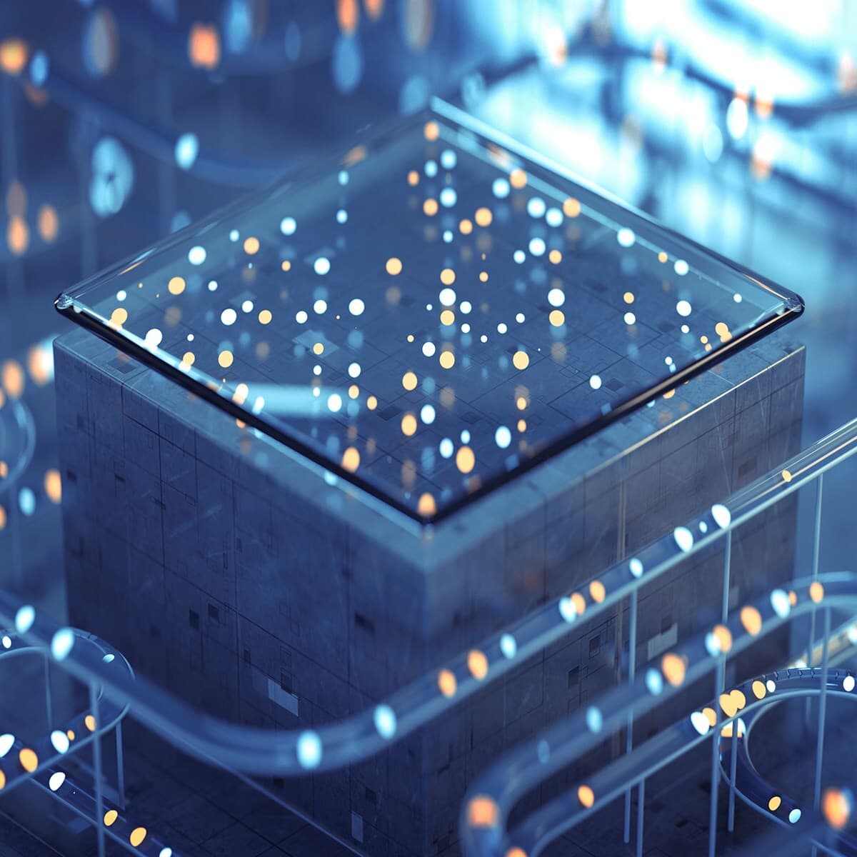 Blue abstract tech scene with a glass panel resting on a textured cube, dotted with glowing yellow and white specks and flowing light trails.