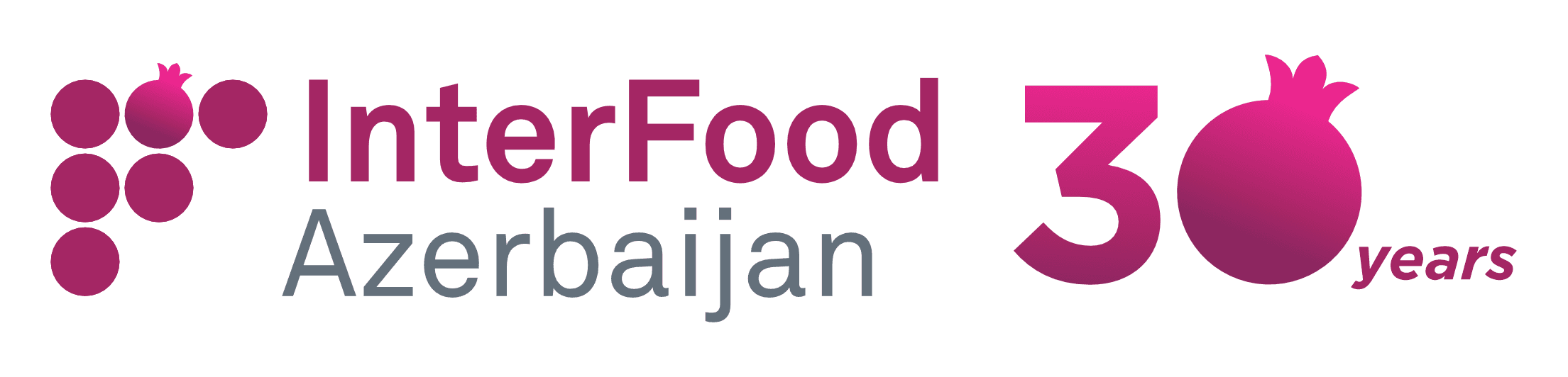 InterFood Azerbaijan logo featuring magenta 'InterFood', gray 'Azerbaijan', a left cluster of magenta seeds, and a large pink '30' with a pomegranate icon and 'years'.