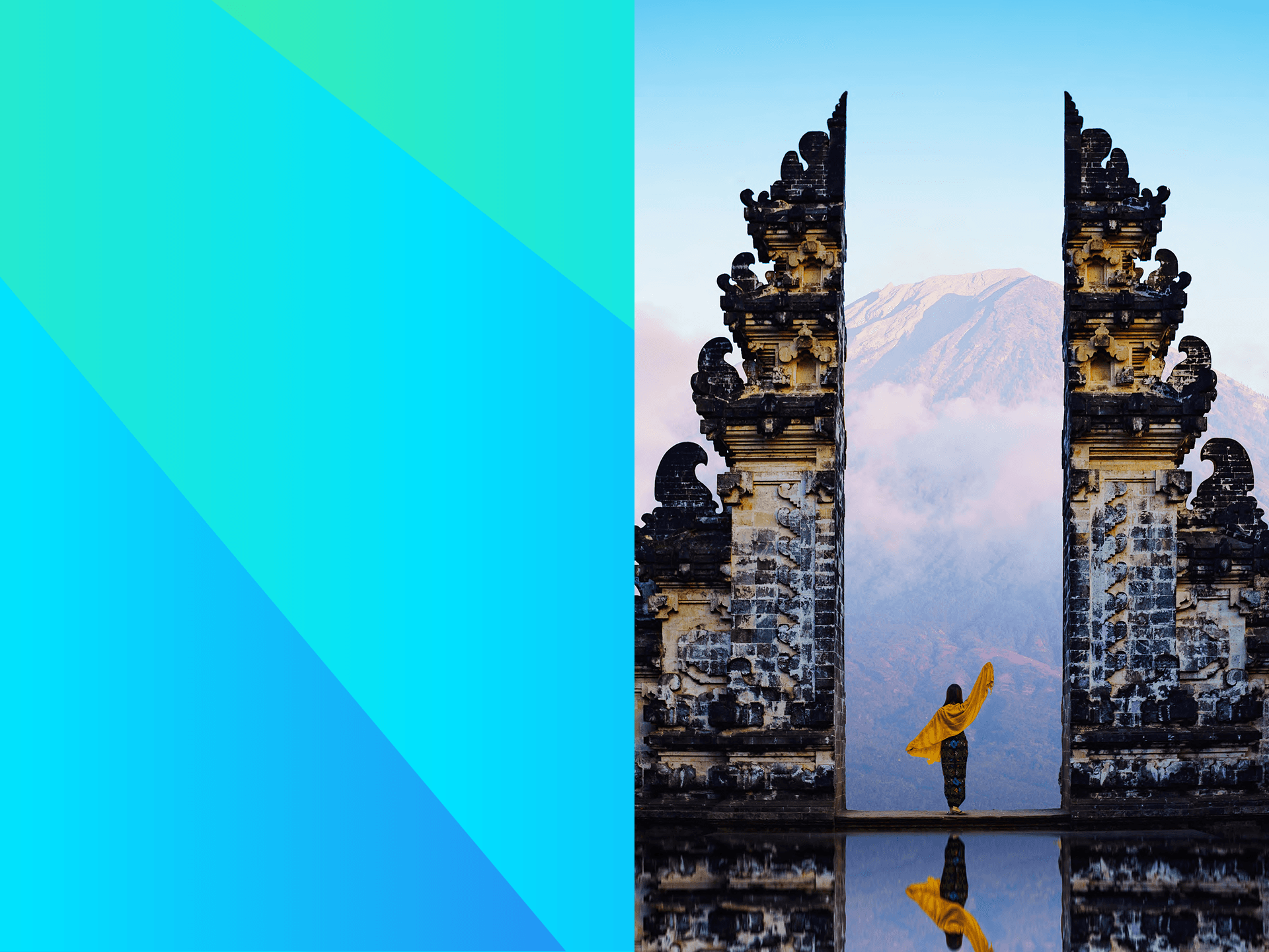 Split image: left blue-green gradient; right carved gates frame a mountain, with a person in a yellow shawl standing between them, arms raised.