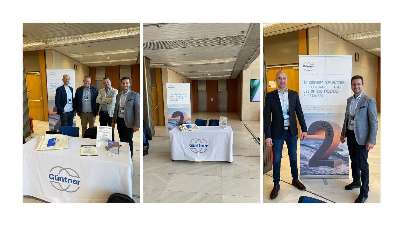 Collage of a conference booth with a Günther banner; left panel shows four people at a table, middle panel the booth, right panel two people beside an eco-friendly banner.
