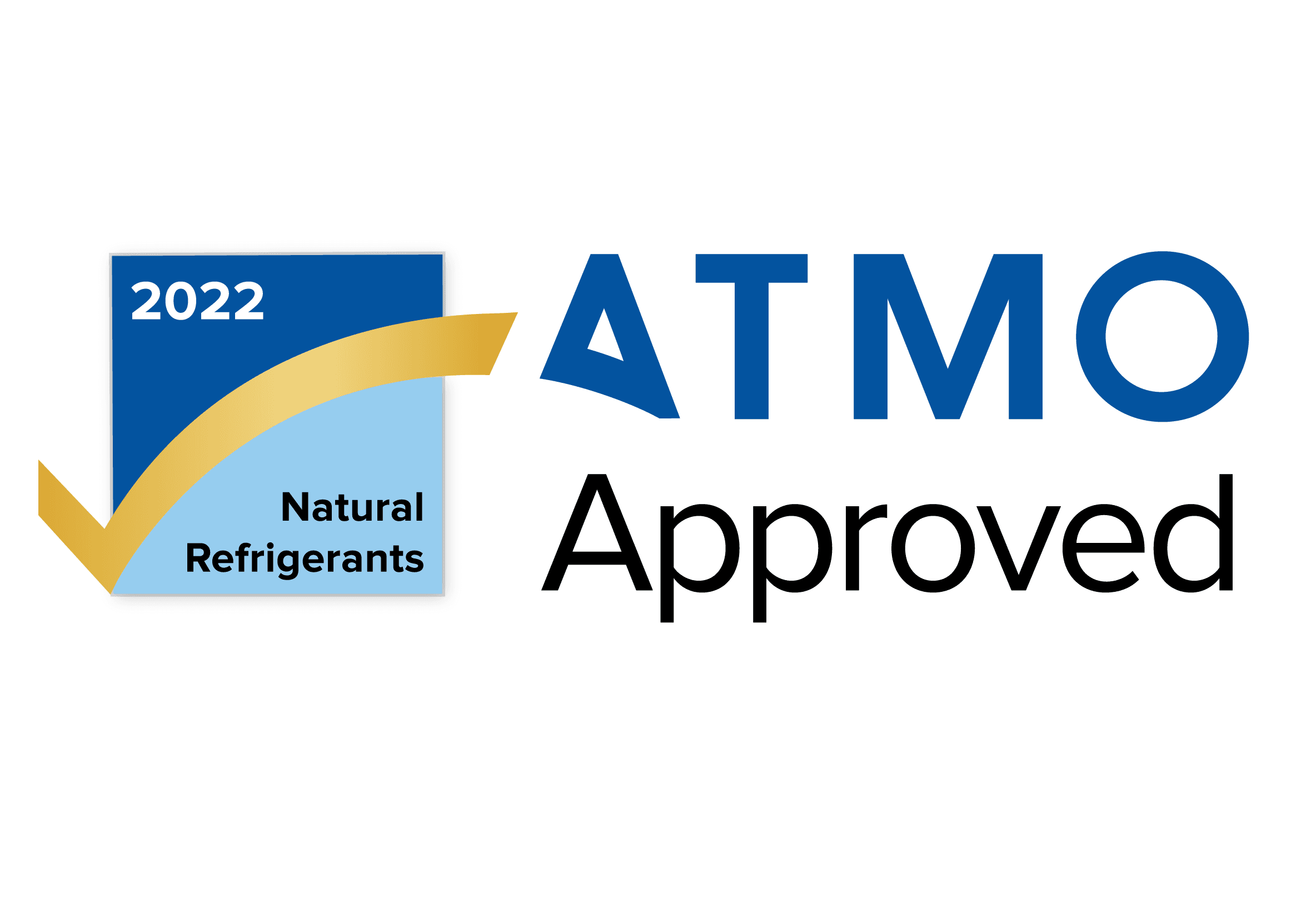 ATMO Approved logo featuring bold blue ATMO text and a 2022 Natural Refrigerants badge with blue and light-blue squares and a gold curved checkmark.