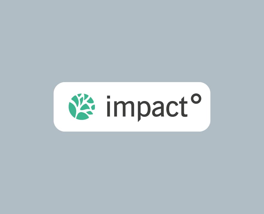 Logo featuring a teal circular leaf icon and the word impact° on a white rounded rectangle against a blue-gray background.