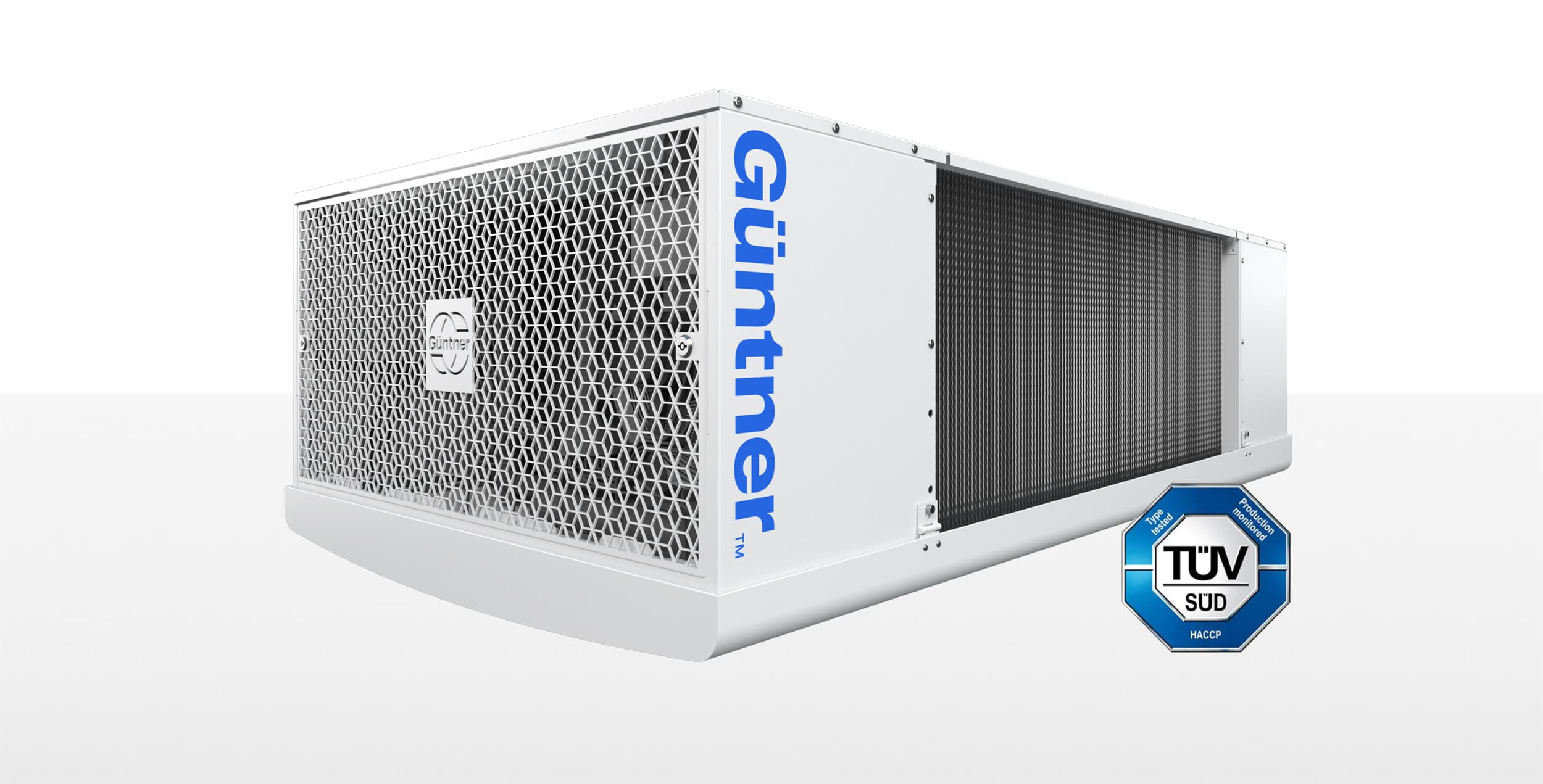 Air‑cooled industrial condenser with a honeycomb front grille, blue vertical brand name on the side, and a TÜV SÜD HACCP certification badge.