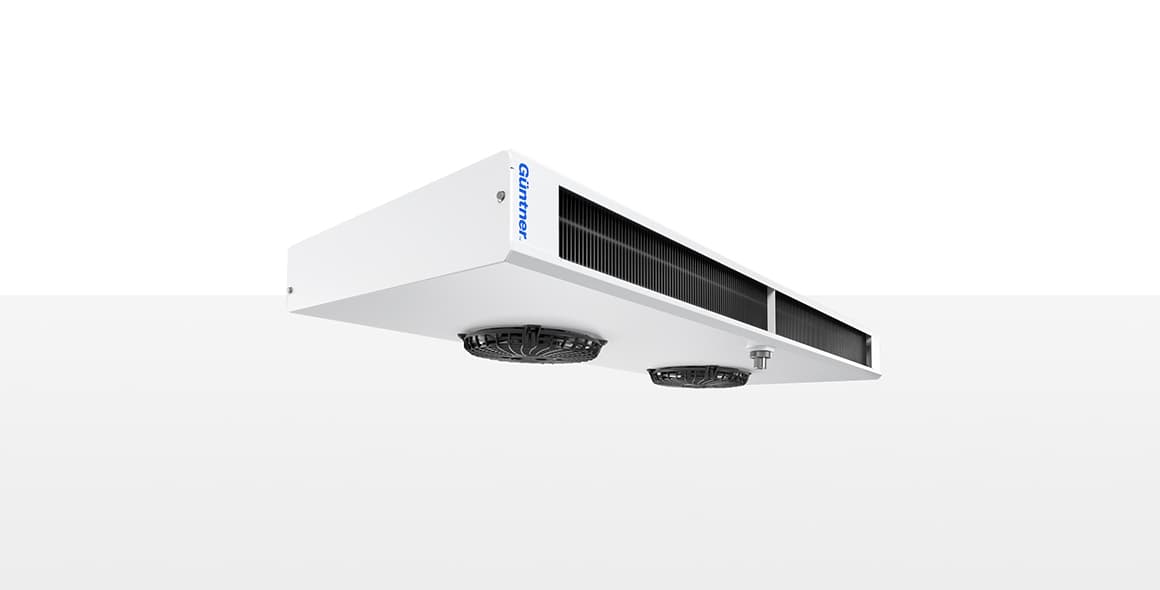White ceiling-mounted air handling unit with two circular fans underneath and black vent grills, featuring a blue Guntner logo on the side.