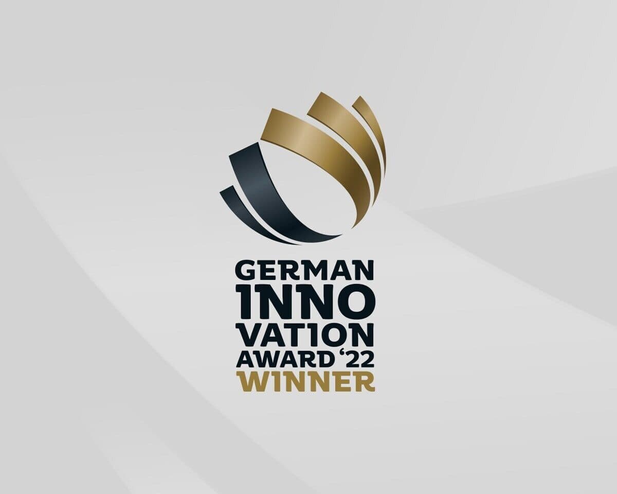 German Innovation Award 2022 winner logo featuring navy and gold curved ribbons above bold text.