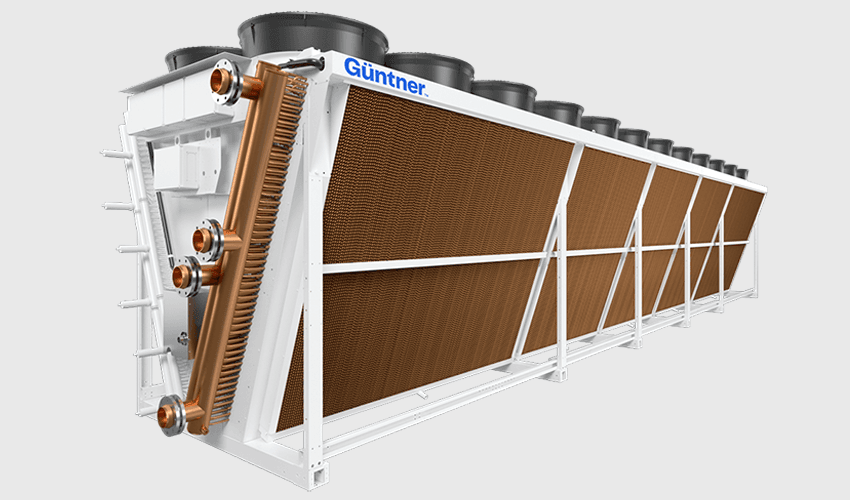 Guntner-Wärmetauscher: großes Industriegerät mit braunen Kühlrippen, Kupferrohren und Ventilatoren oben, weißes Rahmengehäuse in Perspektive.
