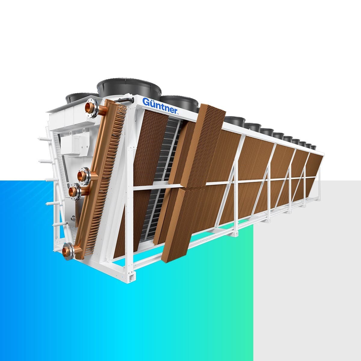 Gran unidad industrial de enfriamiento HVAC con tubos de cobre, aletas y ventiladores en la parte superior, vista lateral.