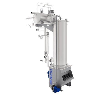 Equipamento industrial em aço inoxidável: coluna vertical com tubulação, válvulas e manômetros, apoiada sobre base com grade; marca Guntner.