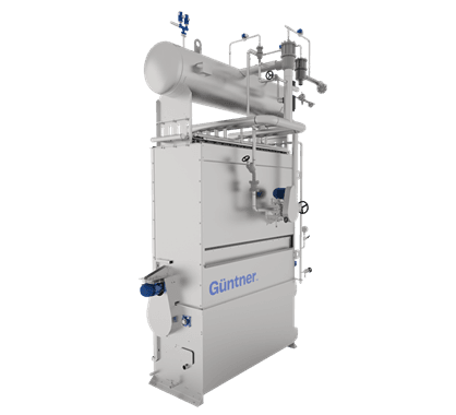 Gerador de vapor industrial da Günther, com corpo branco alto, tubulação superior e várias válvulas evidentes.