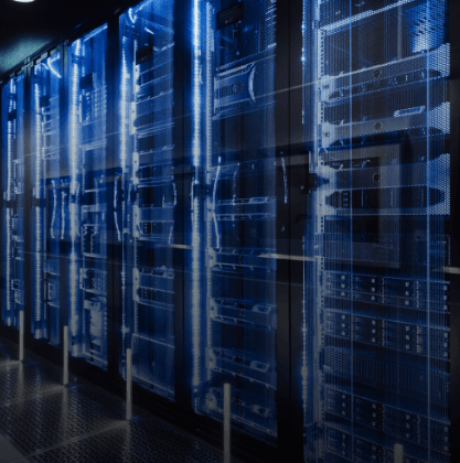 Blue-lit server racks line a data center corridor, glass-front cabinets reflecting densely packed equipment, cables, and cooling components.