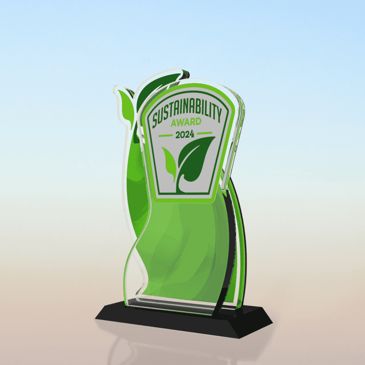 Green glass Sustainability Award 2024 trophy with a leaf motif on a black base, against a blue sky gradient.