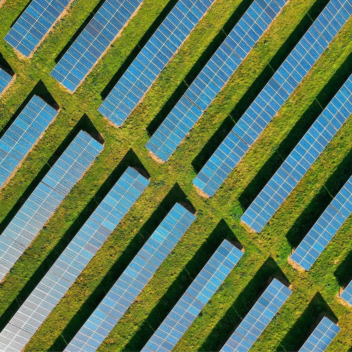 Aerial view of a solar farm with long blue panels arranged in diagonal rows across green grass, forming a zigzag pattern.