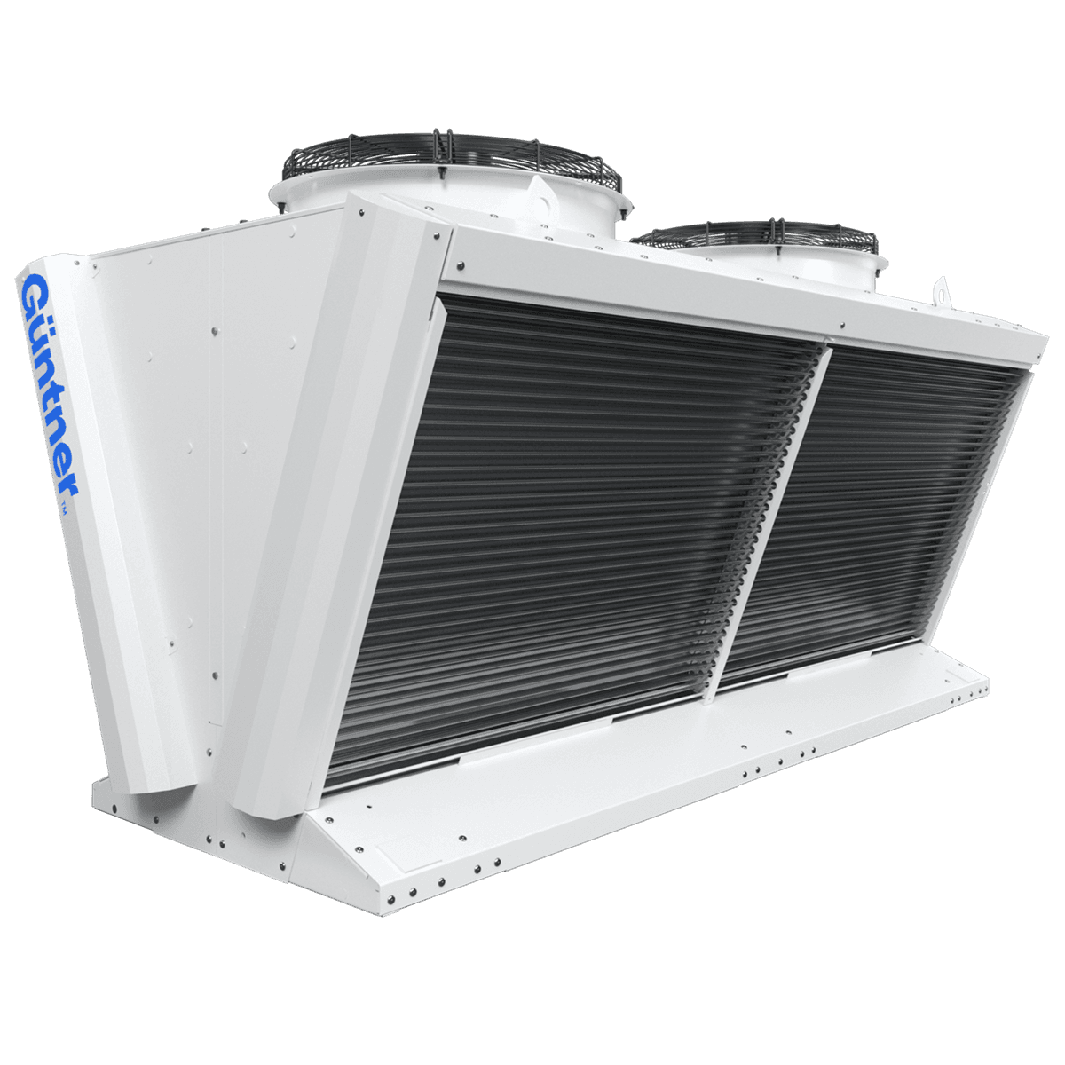 Unidad condensadora industrial blanca con dos ventiladores en la parte superior y aletas de enfriamiento negras.