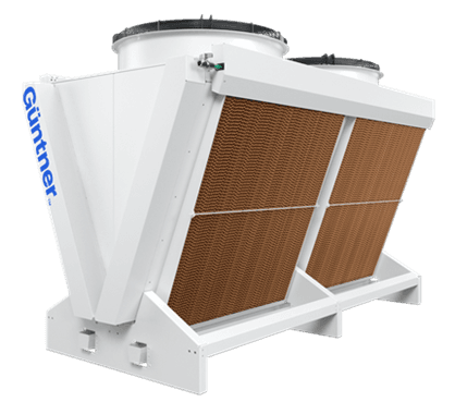 Industrial air-cooled cooling unit with two brown finned heat exchanger panels in a white frame and top-mounted fans.
