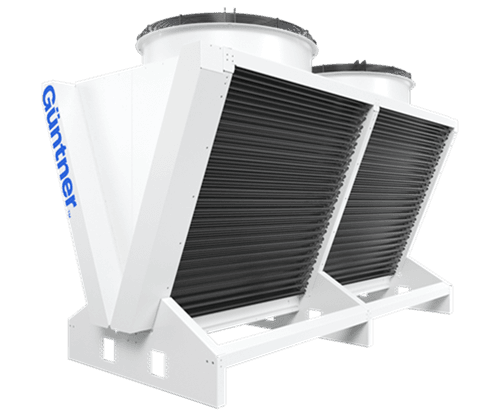 White industrial air-cooled condenser with two angled finned heat exchangers and top-mounted fans, mounted on a metal skid; Guntner branding.