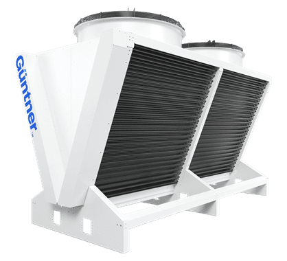 Industrial condenser unit with two large top-mounted fans, white frame, and dark cooling fins.