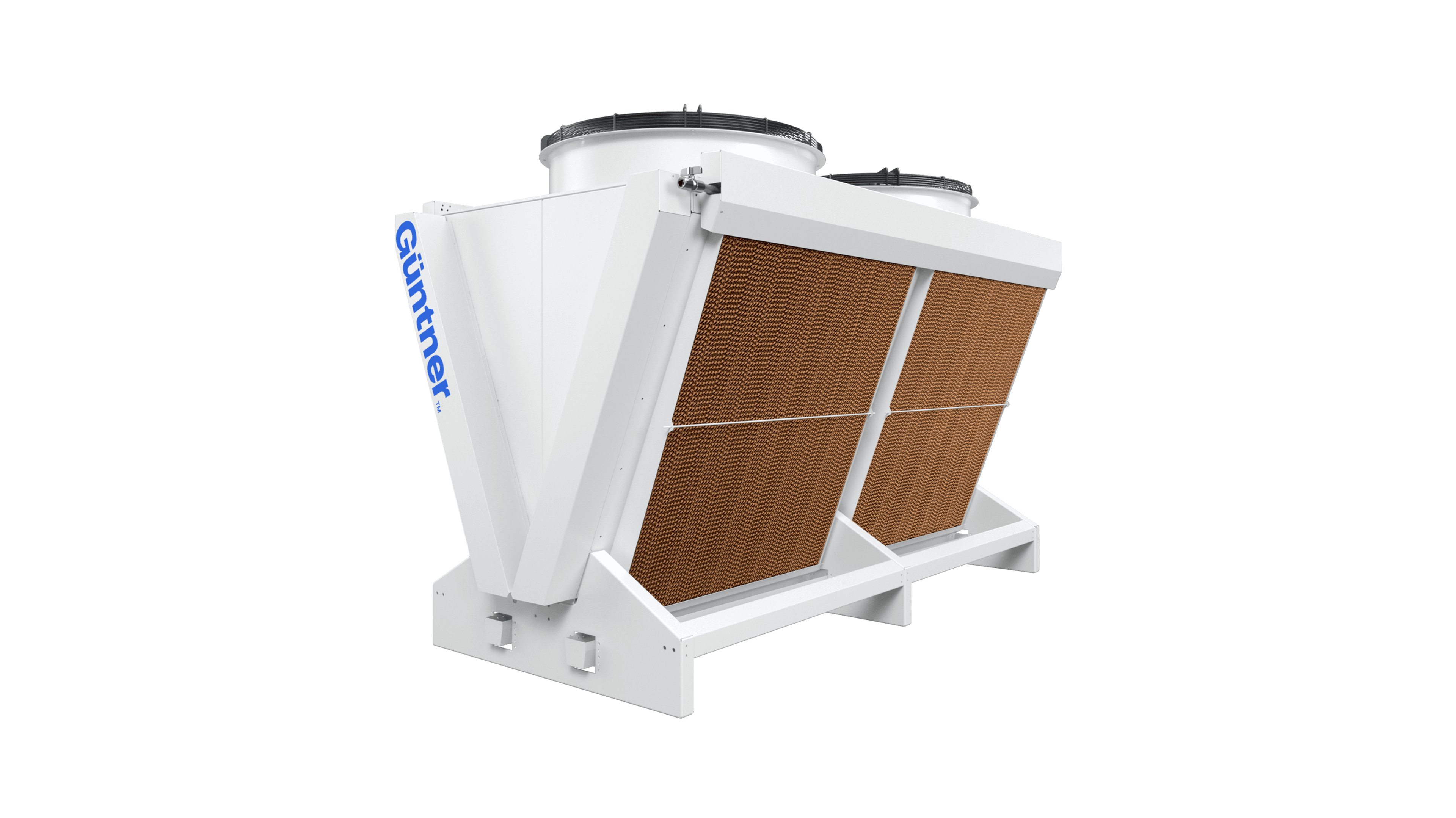 White industrial heat exchanger with two copper-brown finned panels on a white frame, top-mounted fans, and Guntner branding along the side.