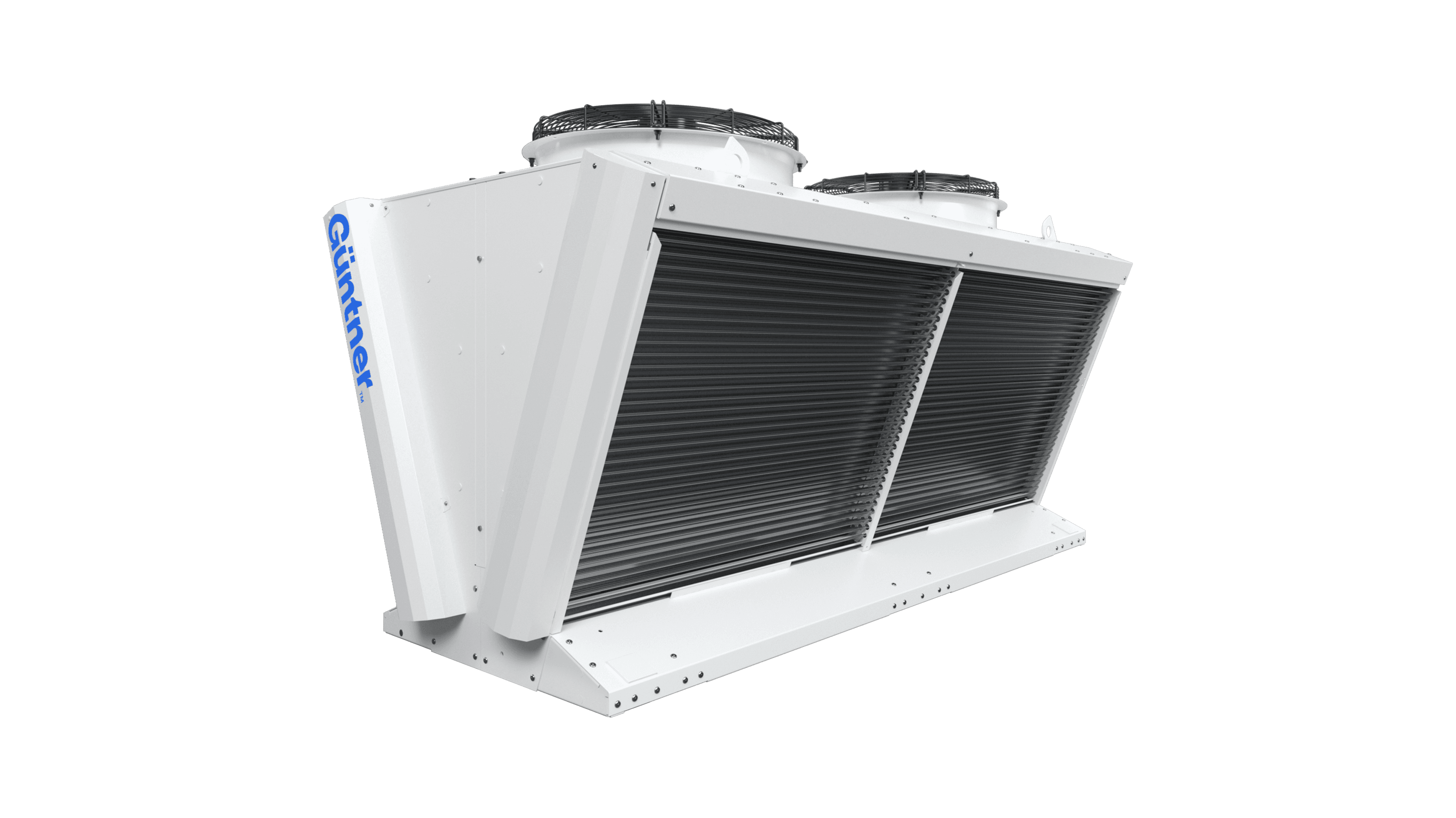 White industrial condenser unit with two top-mounted fans, angled panels, and dark finned coils; blue Guntner logo along the left edge.