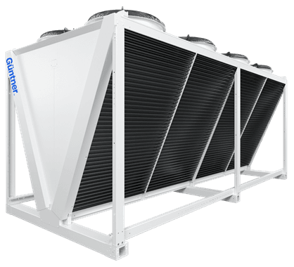 Industrial cooling unit with three top-mounted fans, white metal frame, black finned heat exchanger, mounted on a rectangular skid.