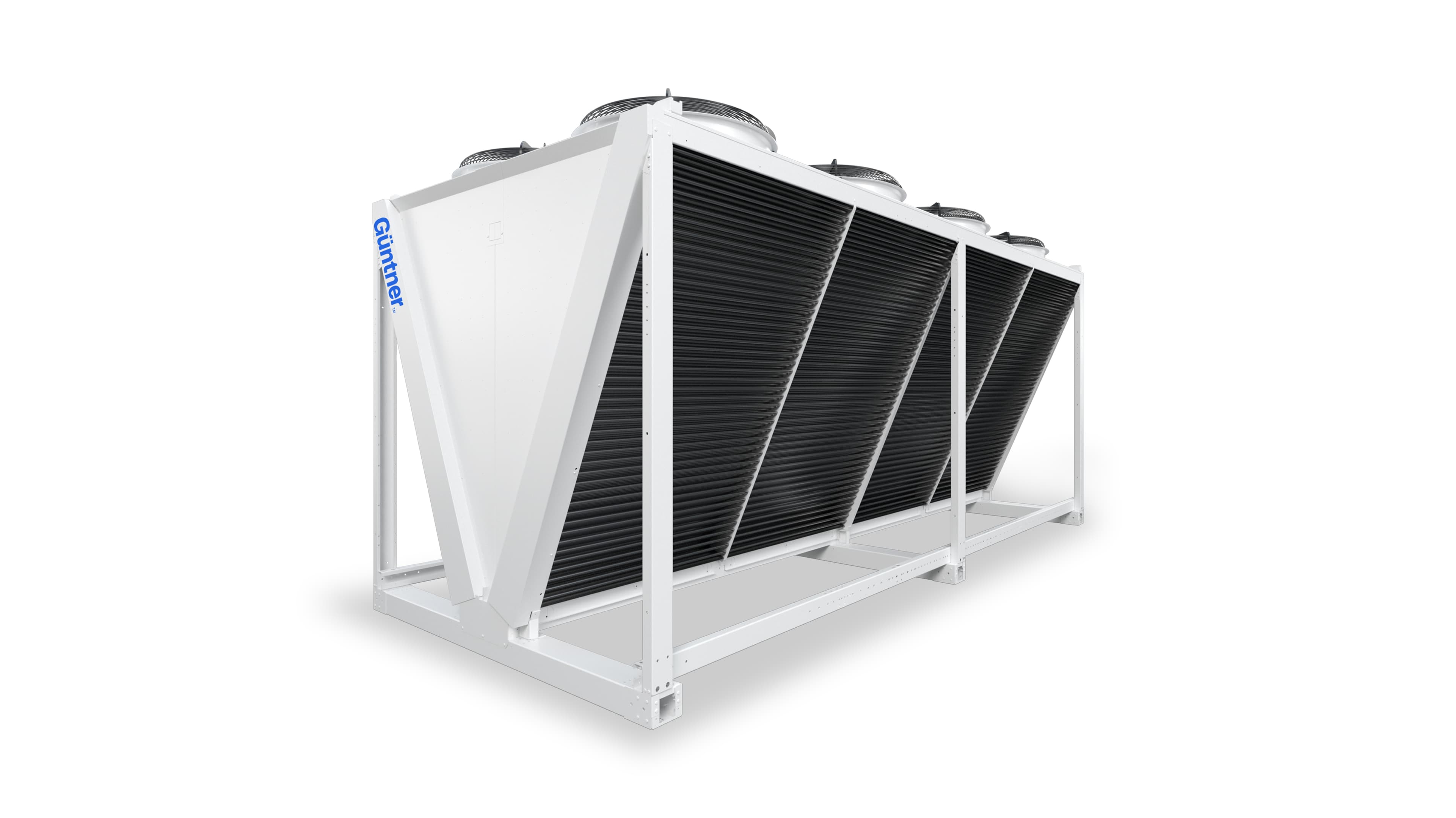 Large industrial cooling unit with several diagonal black finned sections, white frame, and top-mounted fans; branding on the side.