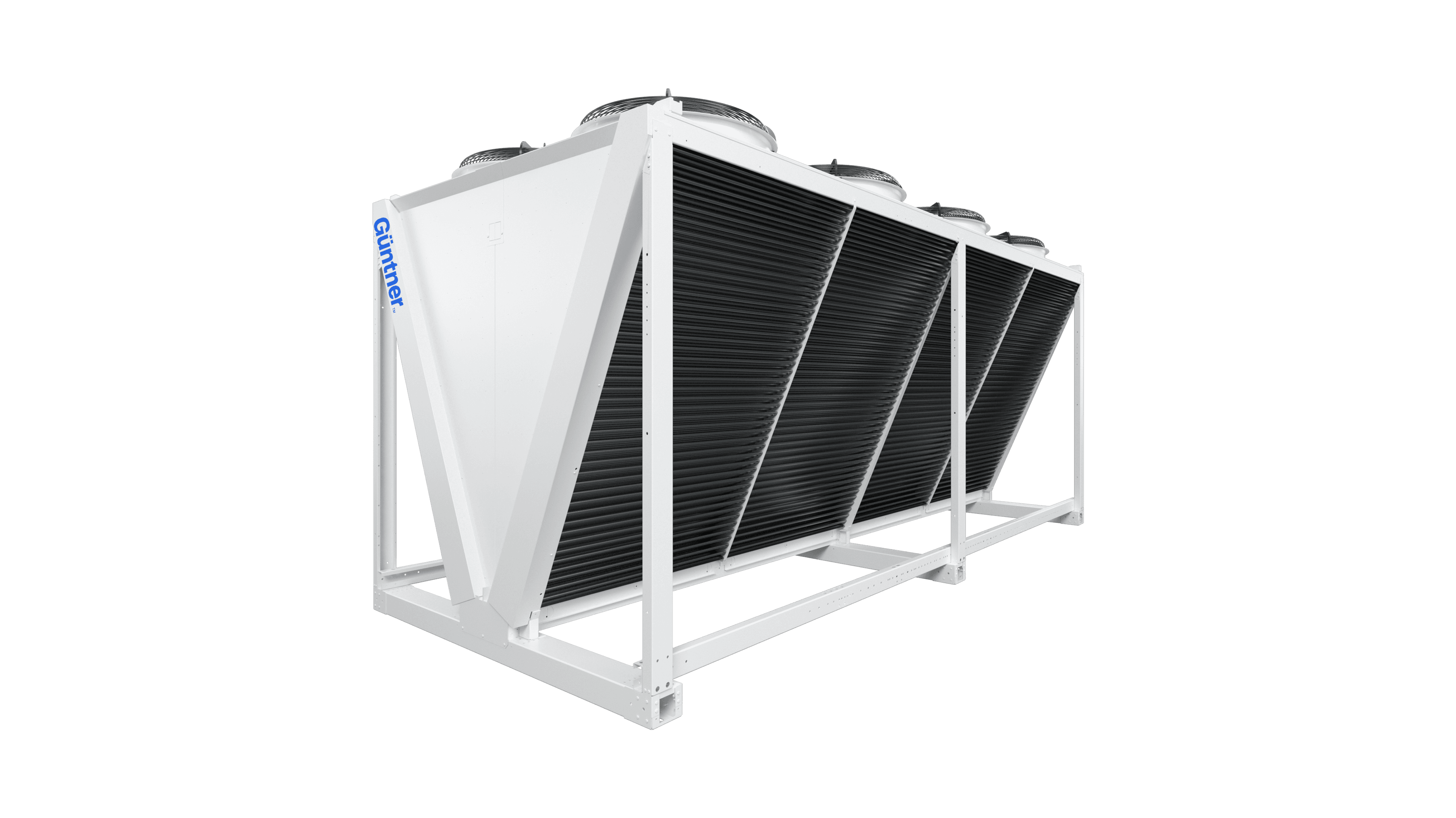White industrial chiller with black finned panels and top fans, mounted on a white frame; Guntner branding on the side, against black background.