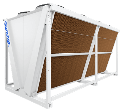 White industrial air-cooled condenser unit with brown fins in a metal frame, shown at an angled perspective.