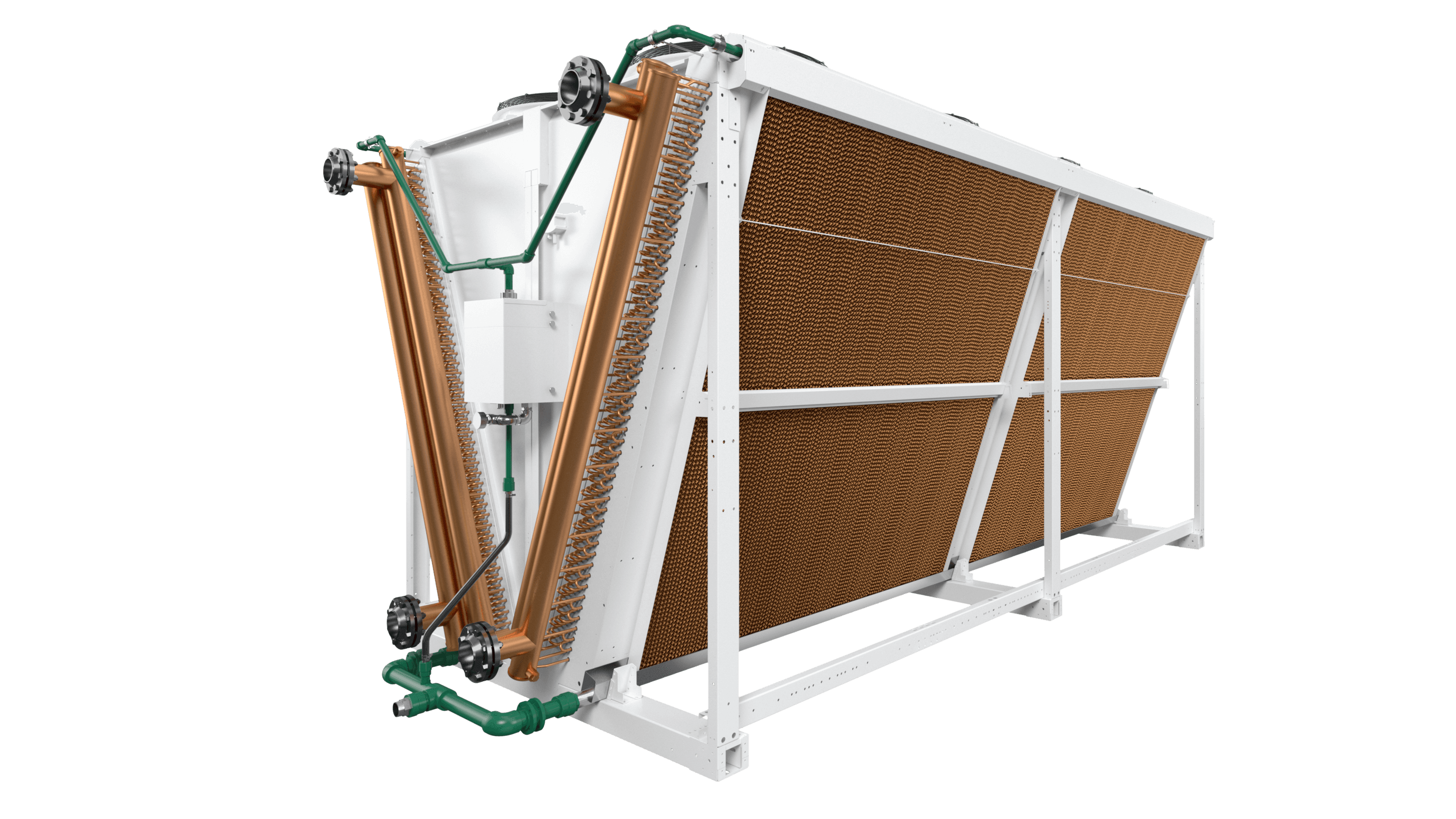 Industrial copper-tube heat exchanger with brown finned panels in a white frame, connected by green piping; large 3D-rendered unit on a black background.